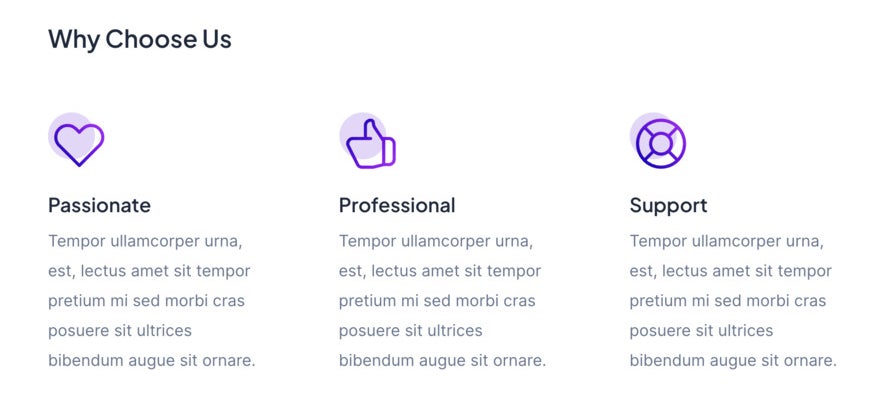 A website section with purple icons - a heart, thumbs up and lifesaver.