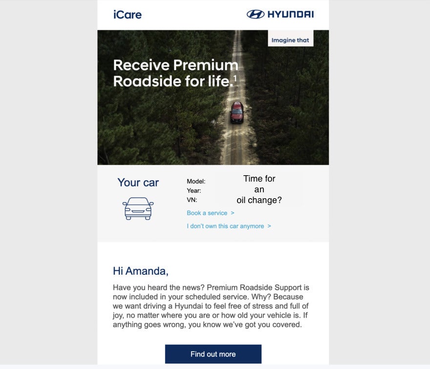 CTA Email from Hyundai suggesting a car service. There's a photo of a car driving a car on a forest road.