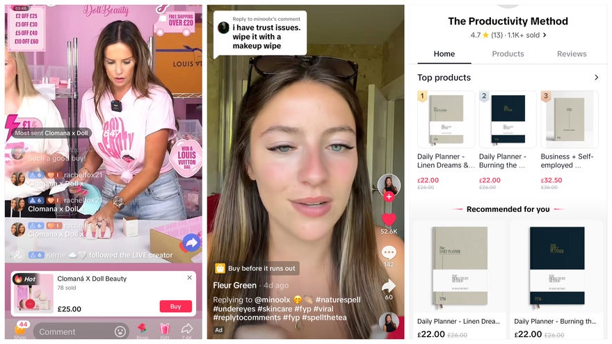 TikTok Shop three screenshots showing the different ways TikTok Shop works