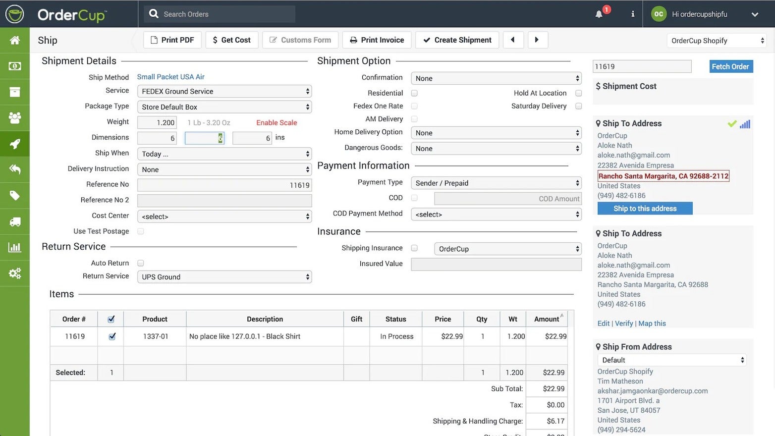 Shopify Shipping OrderCup OrderCup page create a shipping label