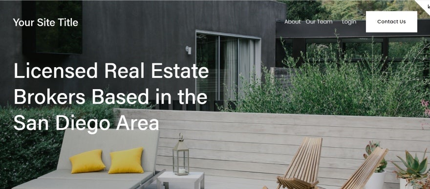 SS Cailles 1 Screenshot of a real estate Squarespace homepage with a large hero image of a back garden and a white heading