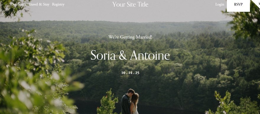 SS Soria Wedding 1 Screenshot of a Squarespace wedding website with a romantic couples hero image in the background