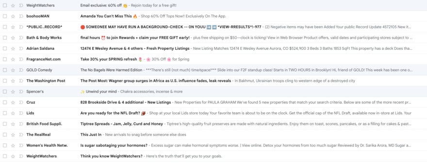 Subject lines An email inbox with lots of unopened junk mail headers and only a few interesting headers