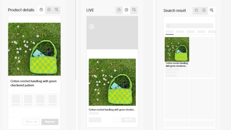 TikTok Shop products A green bag being uploaded on TikTok Shop with three differing previews