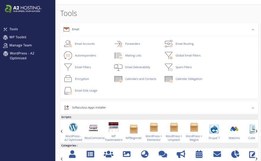 A2 Hosting cPanel A2 Hosting cPanel dashboard showing a range of tools