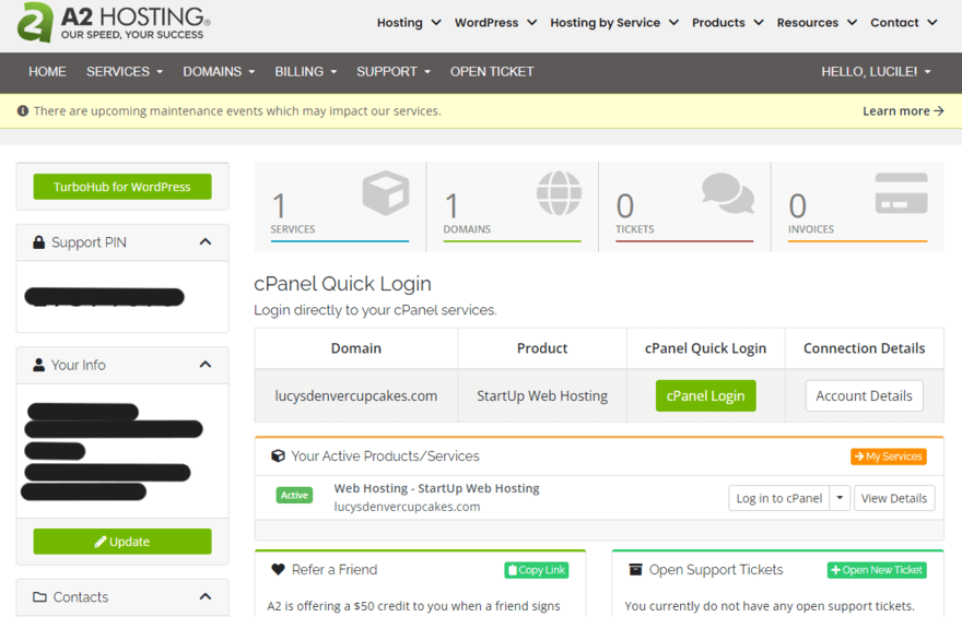 A2 Hosting dashboard A2 Hosting's dashboard