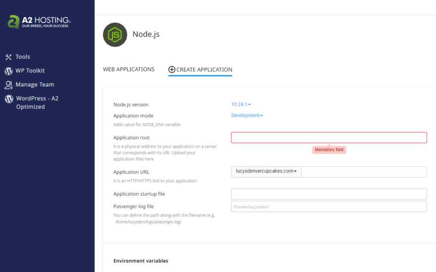A2 Hosting nodejs Create Node.js application form in A2 Hosting's cPanel