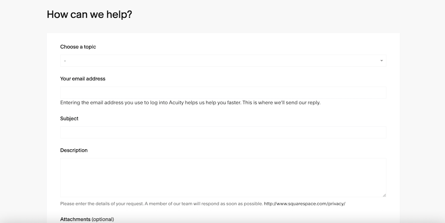 Acuity Support Form The Acuity support form featuring blank fields for customers to populate with their query details.