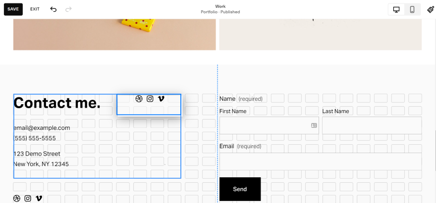 Adding Elements Squarespace Portfolio Editing a contact form in the Squarespace editor interface, showcasing drag-and-drop functionality and form field customization options.