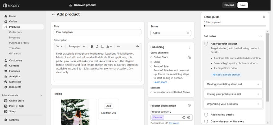 Adding products to Shopify store Shopify product dashboard during process of uploading a product featuring description, image, category, etc