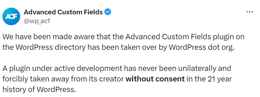 Advanced Custom Fields X post X post by Advanced Custom Fields, a WP Engine plugin about WordPress taking over the plugin
