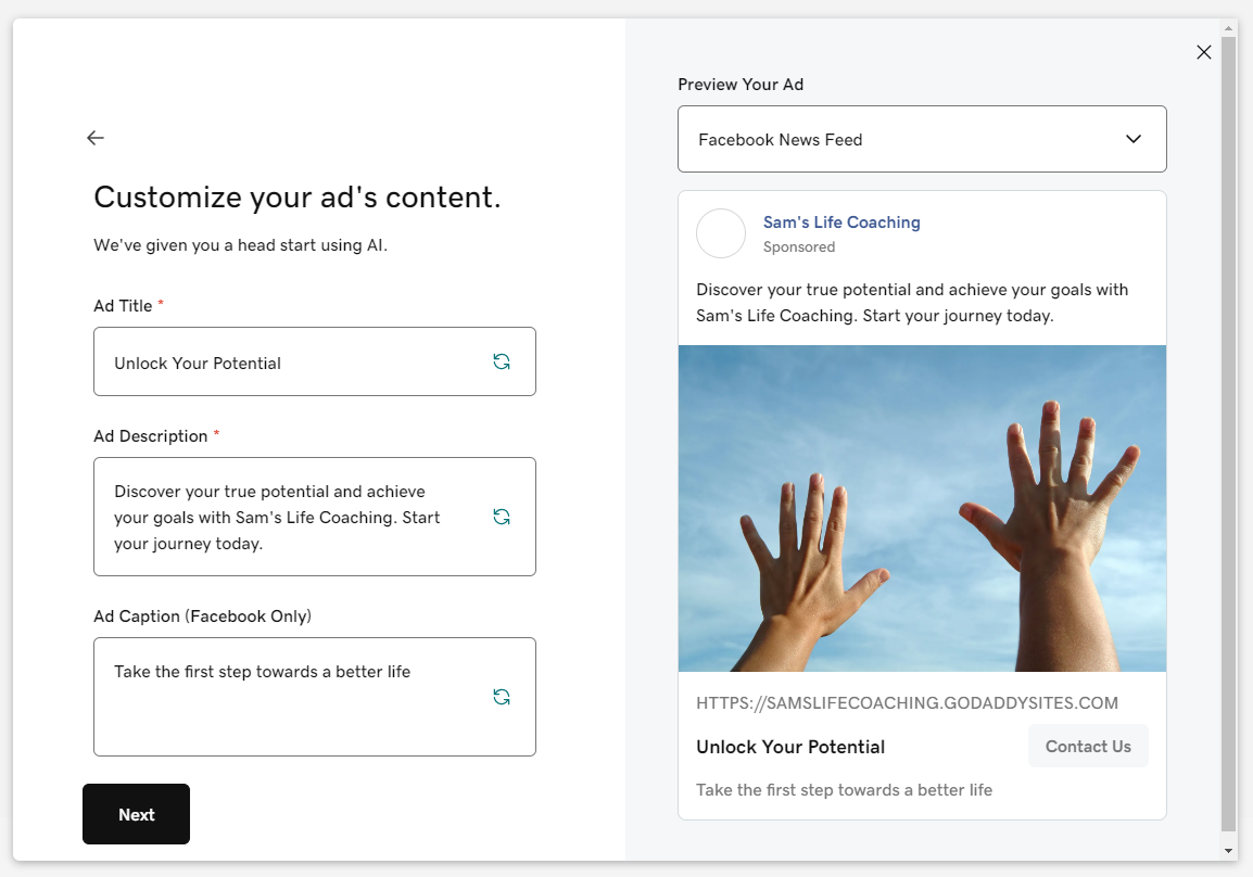 AI website builders GoDaddy digital ads a digital ads maker with a pic of two hands outstretching towards the sky