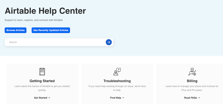 Airtable FAQ page example screenshot Airtable FAQ page example screenshot