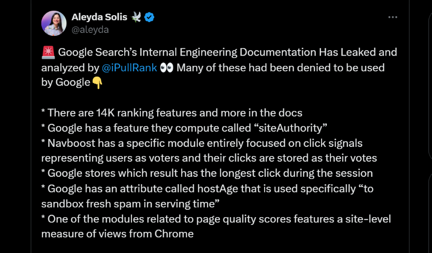 Aleyda Algorithm Leak Comments Screenshot of a tweet from Aleyda Solis delving into some findings from the Google Algorithm leak, such as its 14k ranking features and "siteAUTHORITY" feature