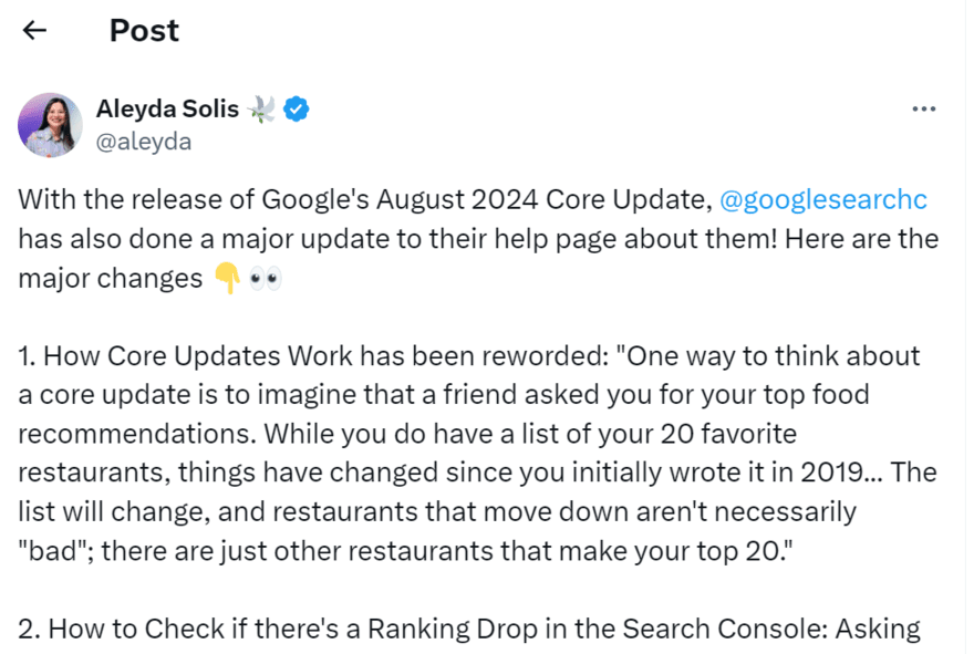 Aleyda Solis August core update tweet Tweet on X by Aleyda Solis about the Google core update help page update