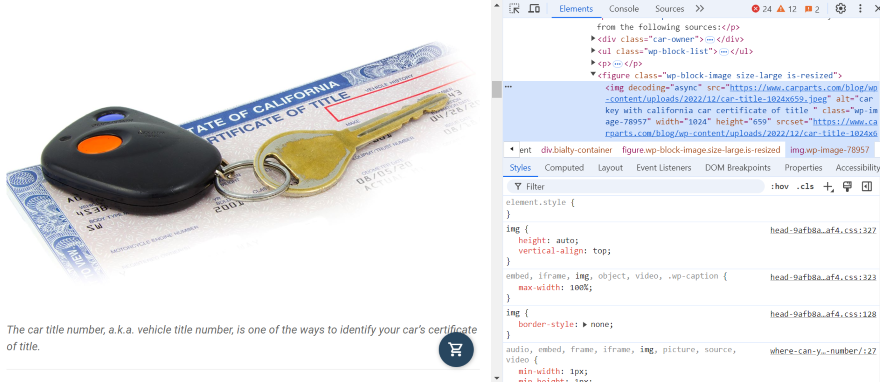 Alt Text In Use A website photo of car keys and a California Certificate of Title document, with website code demonstrating the alt text in use