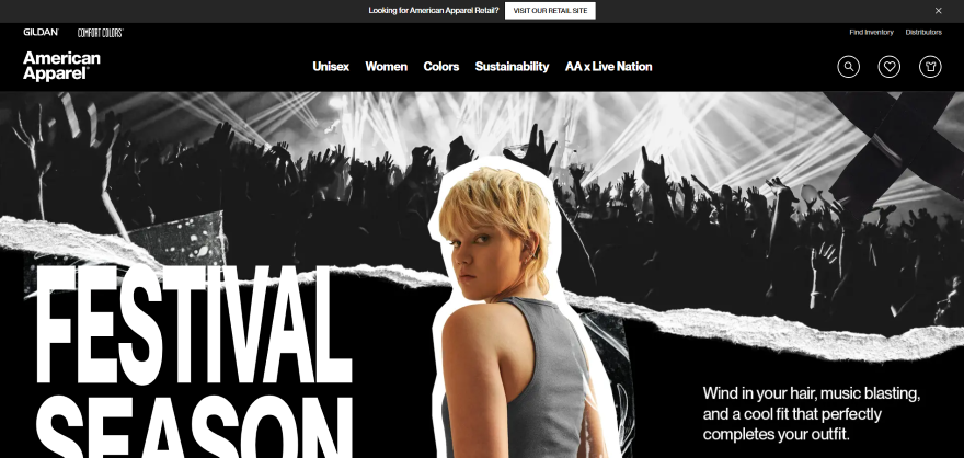 American Apparel Font Choice Helvetica Screenshot of the American Apparel homepage with a hero image of a woman looking towards the camera.