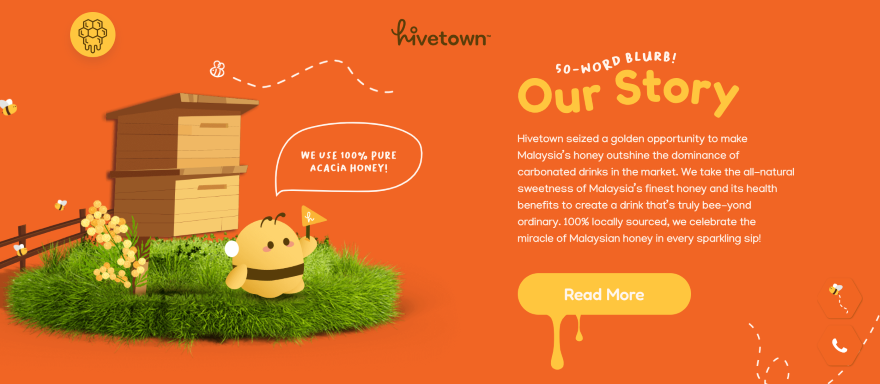 Animations Hive Town Screenshot of Hivetown's landing page with cartoon bee animations