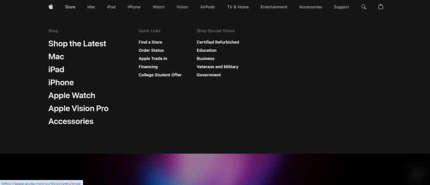 Apple Store Simple Navigation Bar Screenshot of Apple Store's homepage with their black and white navigation bar on display