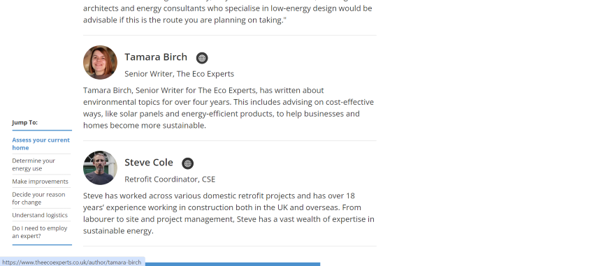 Backlinks Example Tamara Birch, Senior Writer at The Eco Experts, smiling in a profile picture with an eco-friendly energy article context.