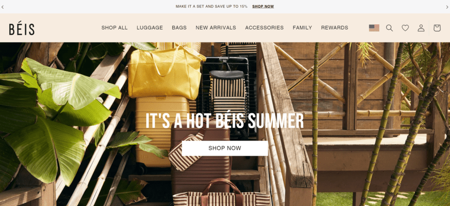 Beis BEIS Travel website homepage featuring a large product photo and a button to "shop now"