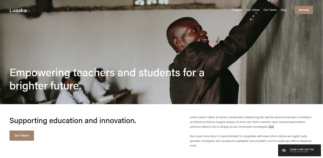 best community and nonprofit squarespace template lusaka Screenshot of a Squarespace website with a header image of a man at a blackboard and text reading "empowering teachers and students for a brighter future."