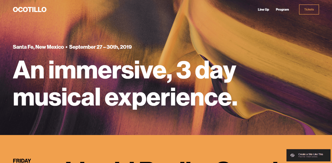 best squarespace template events ocotillo Screenshot of a Squarespace homepage for a music festival website with a header reading "an immersive, 3 day musical experience."
