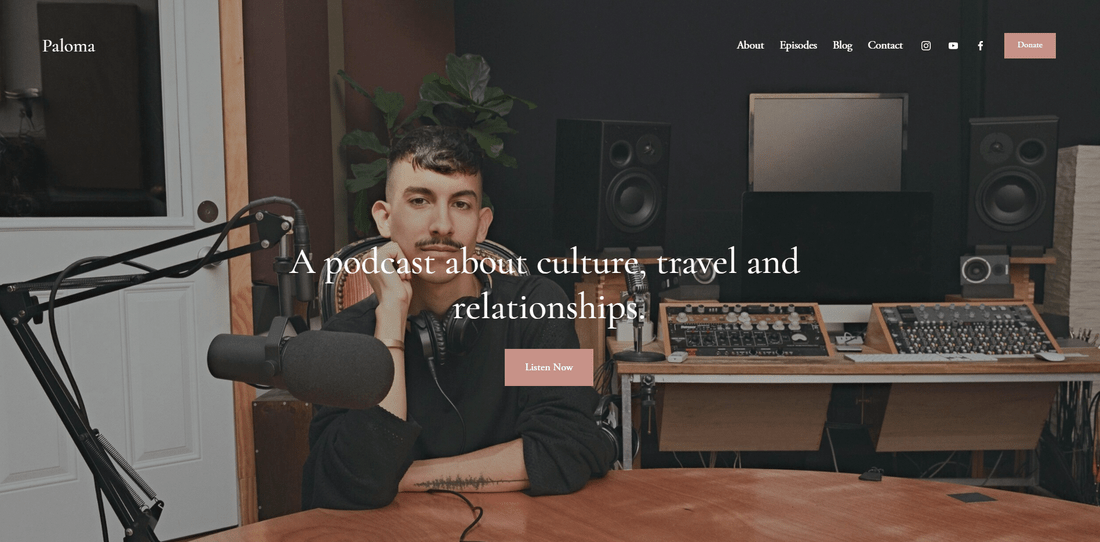 best squarespace template for blogs and podcasts paloma Screenshot of a homepage for a podcasting company with an image of a mean behind a mic as the background