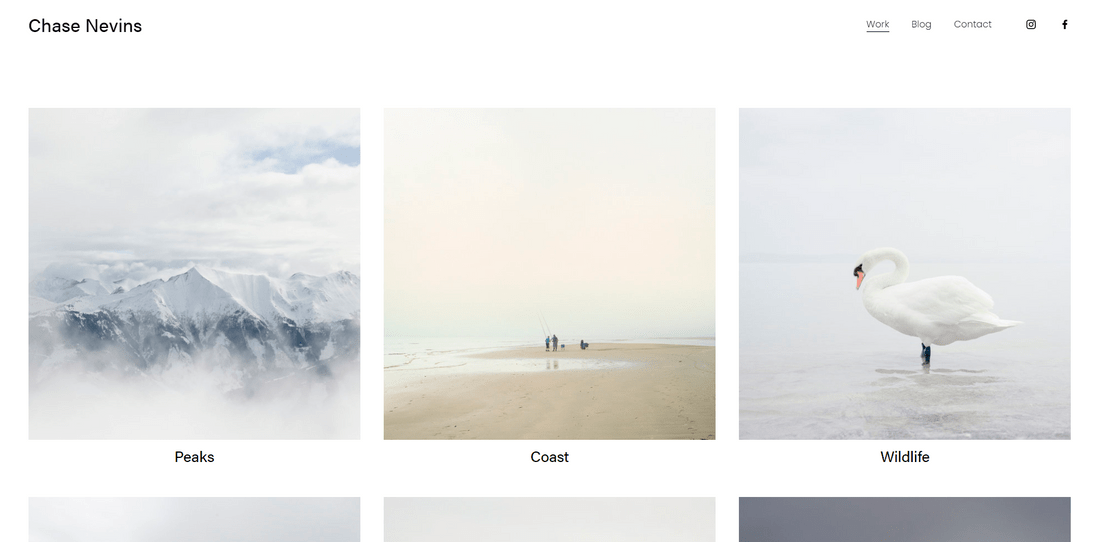 best squarespace template for portfolios nevins Screenshot of a Squarespace homepage featuring a square gallery collage of photographs