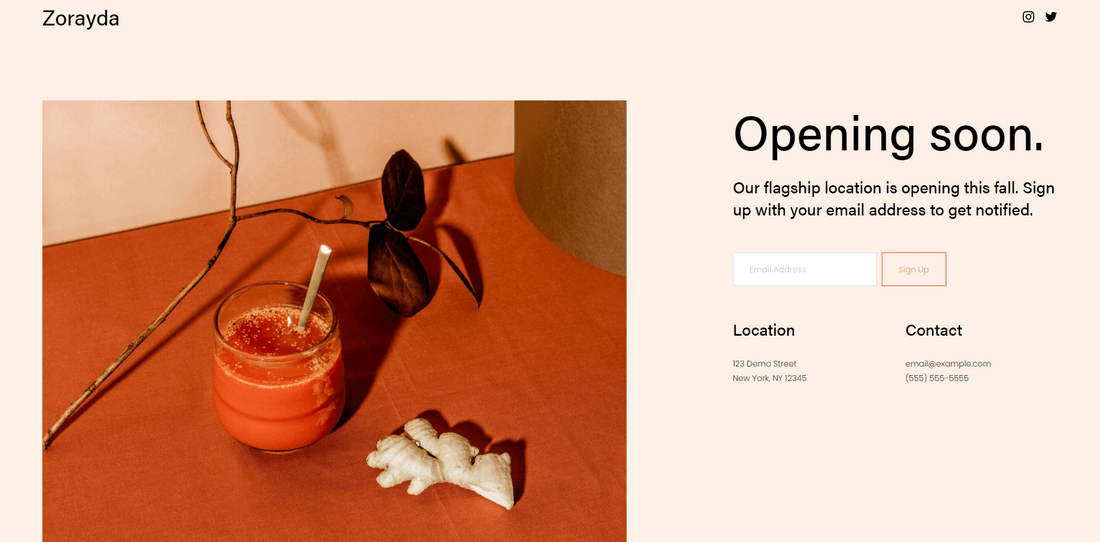 best squarespace template launch page zorayda Screenshot of a Squarespace launch page with a photo of a cocktail, heading, and sign up contact form.