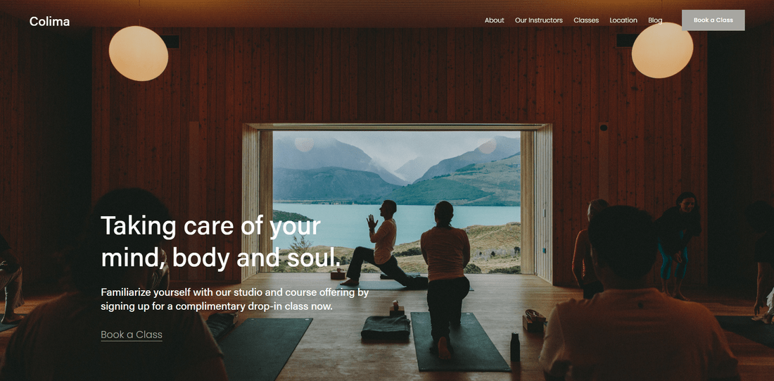 best squarespace template local business colima Screenshot of a Squarespace homepage for a local business, with a hero image of a yoga class in the background