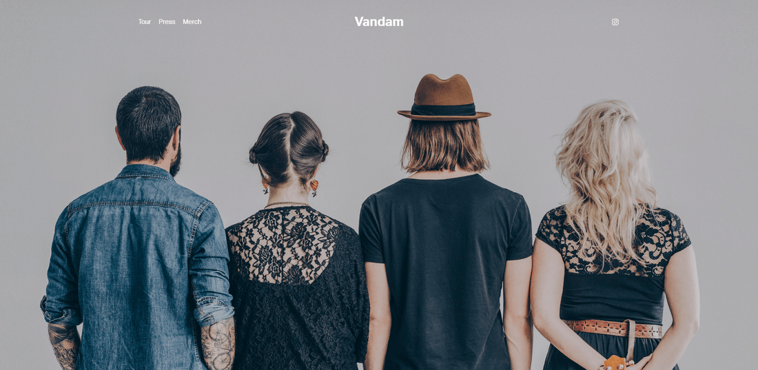 best squarespace template musician vandam Screenshot of a Squarespace band page featuring a hero image of four band members with their backs turned