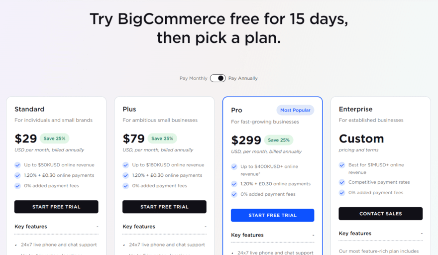 BigCommerce pricing BigCommerce's pricing page showing its four plans, pricing info, and key features