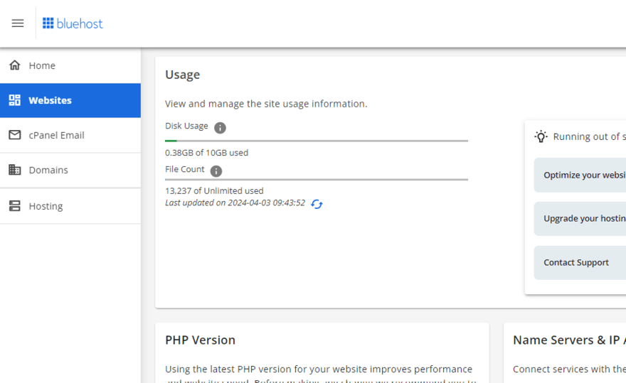 Bluehost disk usage Website usage stats in Bluehost's settings