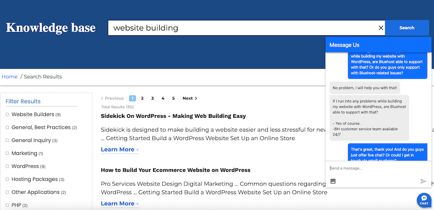 Bluehost Live Chat The Bluehost “Knowledge Base” with an ongoing live chat open in the right-hand corner.