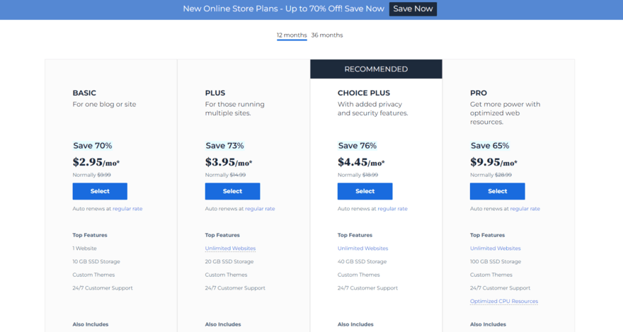 Bluehost shared hosting plans Bluehost four rectangles with different plans and pricing