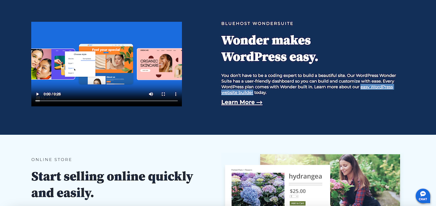 Bluehost WonderSuite Bluehost homepage with information about its website builder, Wonder.
