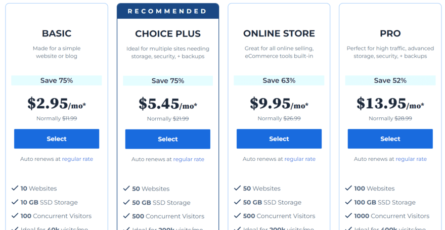 Bluehost WP pricing plans Four WordPress hosting plans on Bluehost's website