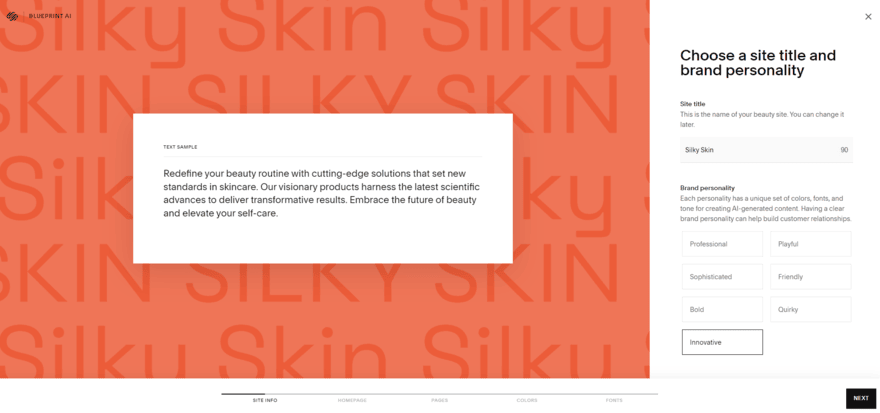 Blueprint AI site info Step 1 of Blueprint AI where you can add your site title and site personality