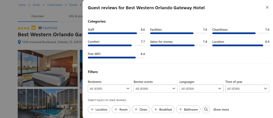 Bookings.com Great Social Proof Screenshot of the Bookings.com reviews section on a hotel page.