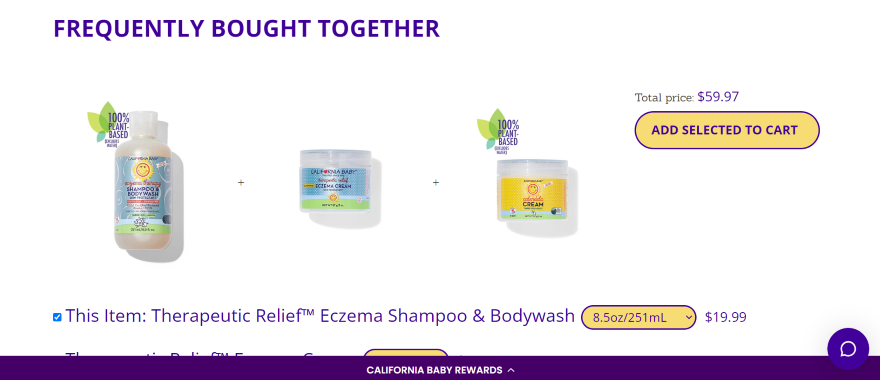 California Baby Personalization Example Screenshot of a "frequently bought together" section on a California Baby product page showcasing skincare products