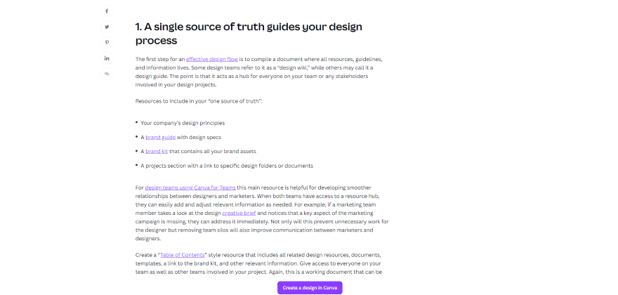 Canva SEO Basics Screenshot of a Canva blog post featuring text, a H1 header, and bullet points