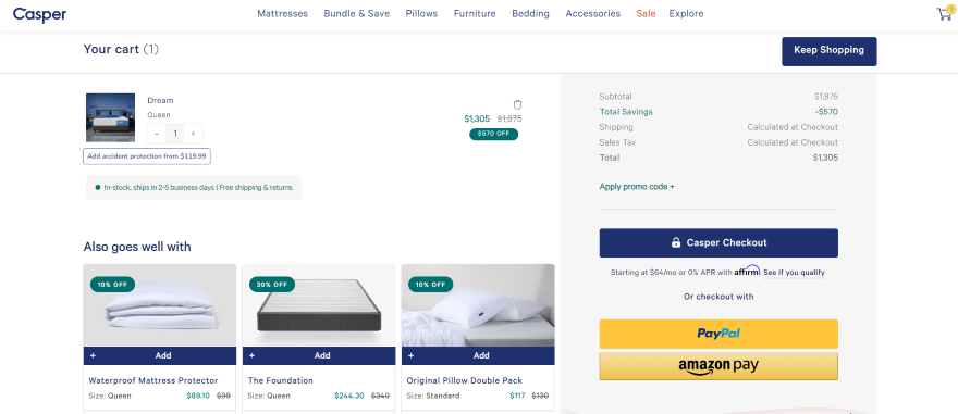 Casper Optimized Checkout Page Screenshot of Casper optimized checkout page with different payment methods and recommended goods.