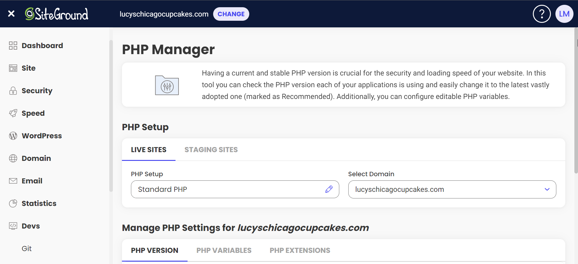 chrome_2KiwFXo5Tq sitegrounds php manager in the cPanel
