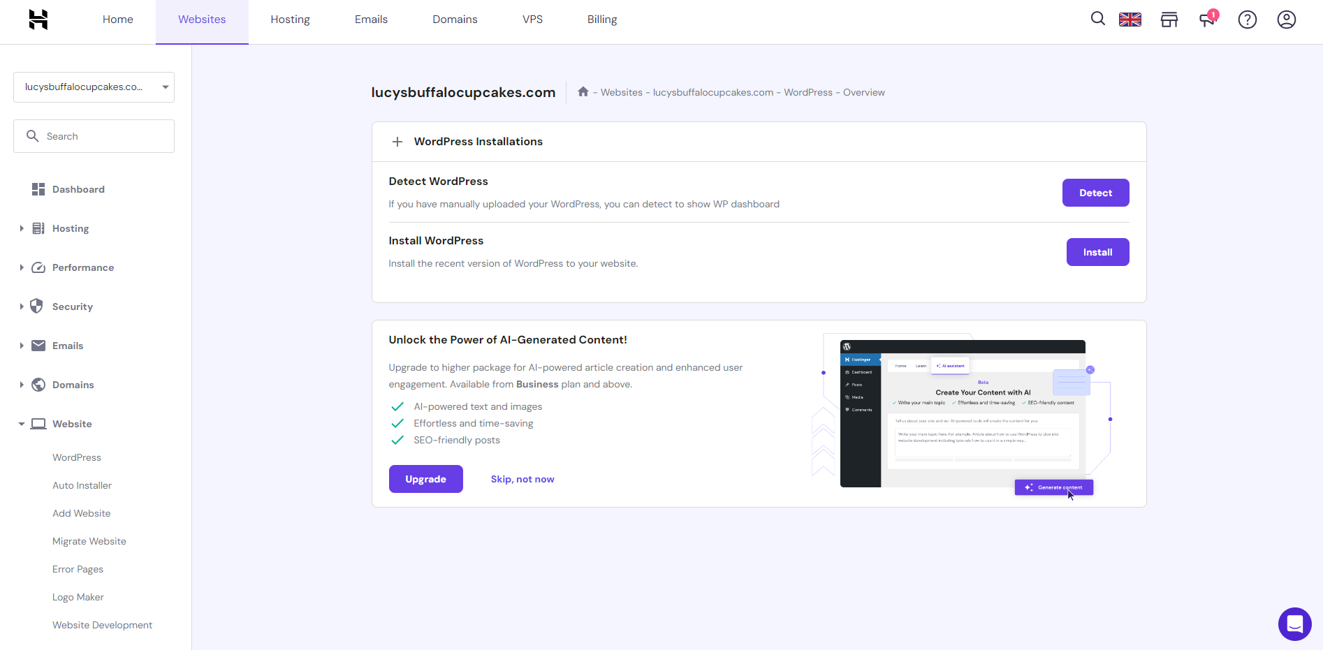 chrome_MI8miSeptR Hostinger WordPress installation page