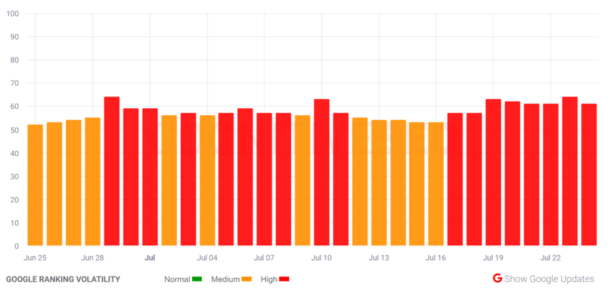 Cognitive SEO cognitiveSEO table showing Google ranking volatility from June to July 2024