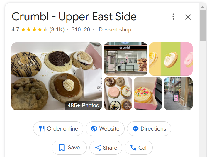 Crumbl Google store rating example Crumbl business search result showing Google store ratings with the business information