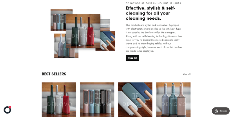 De Novo Shopify site (1) Homepage of De Novo lint brush, featuring a gallery of product images plus a sales desription
