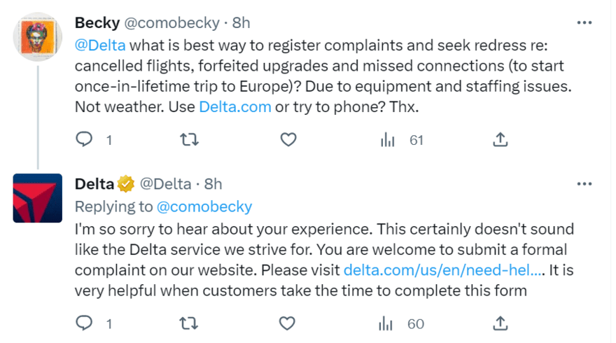 Delta customer service tweet Delta's twitter account responding to a customer tweet