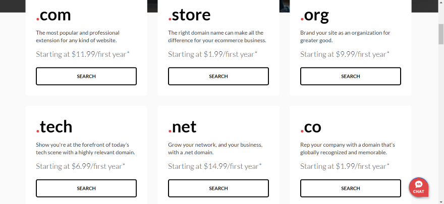 Domain dot com domains Screenshot of the different domains Domain.com offers with prices.